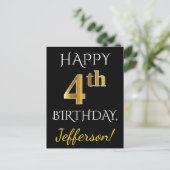 Zwart, Faux Gold 4th Birthday + Eigen naam Briefkaart (Staand voorkant)