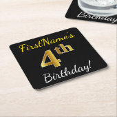 Zwart, Faux Gold 4th Birthday + Eigen naam Kartonnen Onderzetters (Schuin)