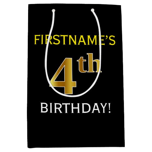 Zwart, Faux Gold 4th Birthday + Eigen naam Medium Cadeauzakje (Voorkant)