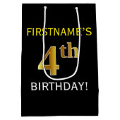 Zwart, Faux Gold 4th Birthday + Eigen naam Medium Cadeauzakje (Achterkant)