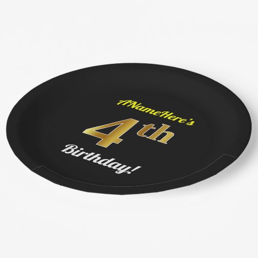 Zwart, Faux Gold 4th Birthday + Eigen naam Papieren Bordje (Gekanteld)