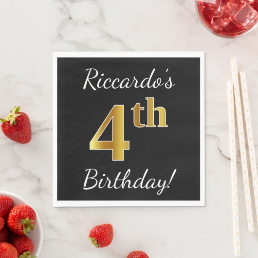 Zwart, Faux Gold 4th Birthday + Eigen naam Servetten (Insitu)