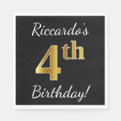 Zwart, Faux Gold 4th Birthday + Eigen naam Servetten (Voorkant)
