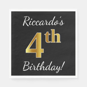 Zwart, Faux Gold 4th Birthday + Eigen naam Servetten