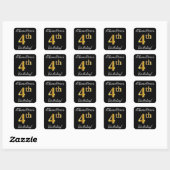 Zwart, Faux Gold 4th Birthday + Eigen naam Vierkante Sticker (Vel)