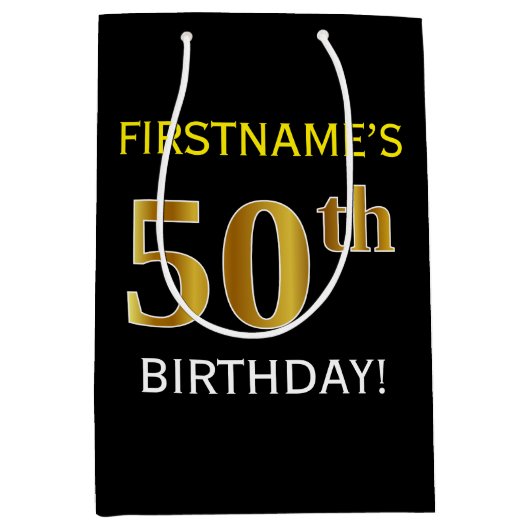 Zwart, Faux Gold 50ste verjaardag + aangepaste naa Medium Cadeauzakje (Voorkant)