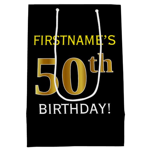Zwart, Faux Gold 50ste verjaardag + aangepaste naa Medium Cadeauzakje (Achterkant)