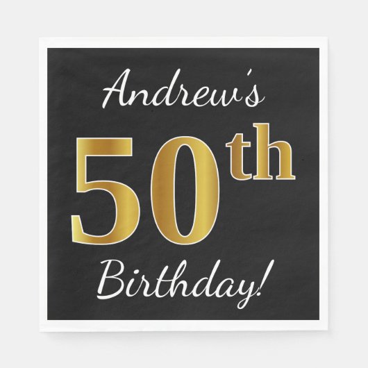 Zwart, Faux Gold 50ste verjaardag + aangepaste naa Servet (Voorkant)