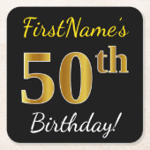 Zwart, Faux Gold 50th Birthday + Aangepaste naam Kartonnen Onderzetters (Voorkant)