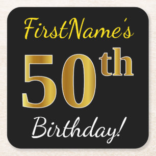 Zwart, Faux Gold 50th Birthday + Aangepaste naam Kartonnen Onderzetters