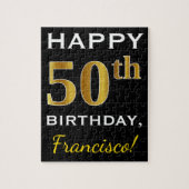 Zwart, Faux Gold 50th Birthday + Aangepaste naam Legpuzzel (Verticaal)