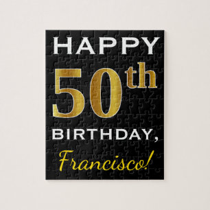 Zwart, Faux Gold 50th Birthday + Aangepaste naam Legpuzzel