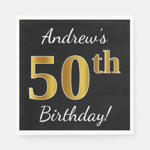 Zwart, Faux Gold 50th Birthday + Aangepaste naam Servet