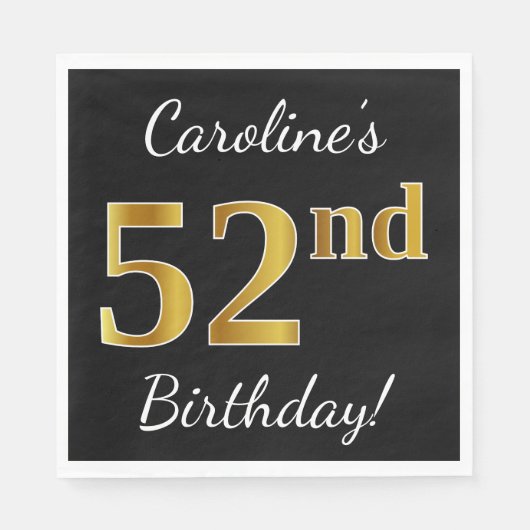 Zwart, Faux Gold 52e verjaardag + Aangepaste naam Servet (Voorkant)