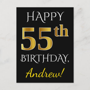 Zwart, Faux Gold 55th Birthday + Eigen naam Briefkaart