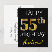 Zwart, Faux Gold 55th Birthday + Eigen naam Briefkaart (Voorkant / Achterkant)