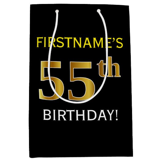 Zwart, Faux Gold 55th Birthday + Eigen naam Medium Cadeauzakje (Voorkant)