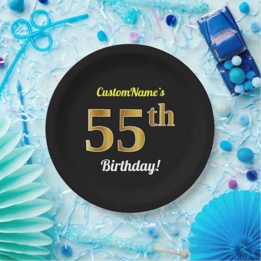 Zwart, Faux Gold 55th Birthday + Eigen naam Papieren Bordje (Feest)