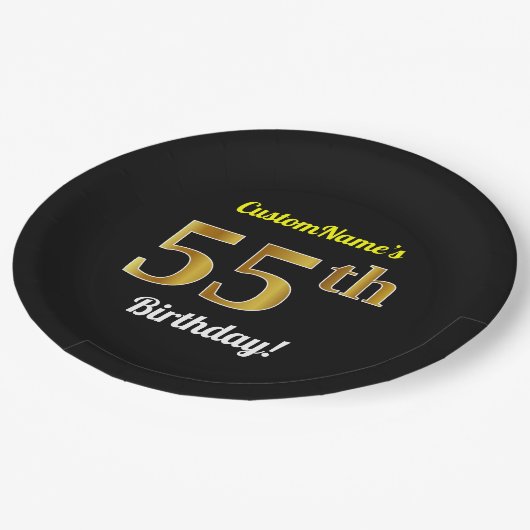 Zwart, Faux Gold 55th Birthday + Eigen naam Papieren Bordje (Gekanteld)