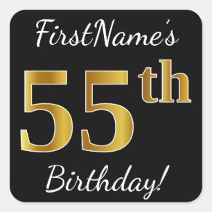 Zwart, Faux Gold 55th Birthday + Eigen naam Vierkante Sticker