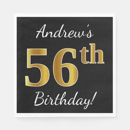 Zwart, Faux Gold 56e verjaardag + aangepaste naam Servet (Voorkant)