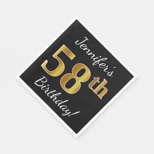 Zwart, Faux Gold 58th Birthday + Aangepaste naam Servet (Hoek)