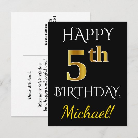 Zwart, Faux Gold 5th Birthday + Eigen naam Briefkaart (Voorkant / Achterkant)