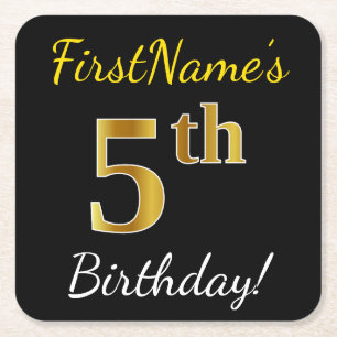 Zwart, Faux Gold 5th Birthday + Eigen naam Kartonnen Onderzetters