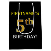 Zwart, Faux Gold 5th Birthday + Eigen naam Medium Cadeauzakje (Achterkant)