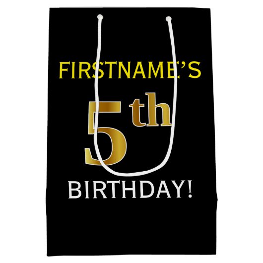 Zwart, Faux Gold 5th Birthday + Eigen naam Medium Cadeauzakje (Achterkant)