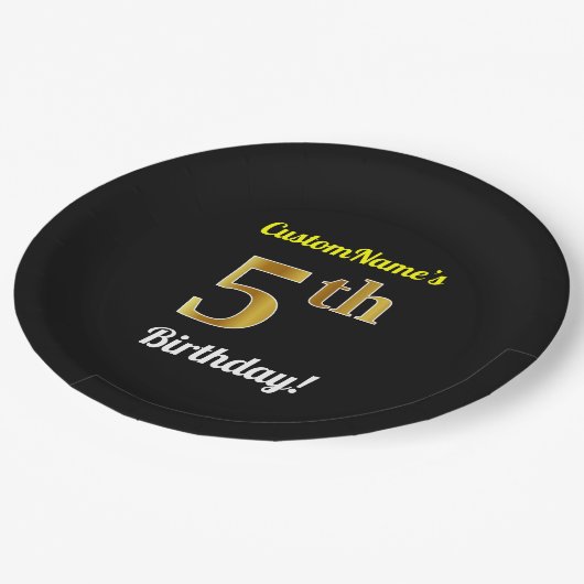 Zwart, Faux Gold 5th Birthday + Eigen naam Papieren Bordje (Gekanteld)