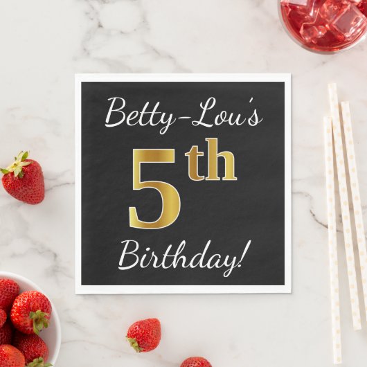 Zwart, Faux Gold 5th Birthday + Eigen naam Servetten (Insitu)