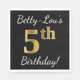 Zwart, Faux Gold 5th Birthday + Eigen naam Servetten