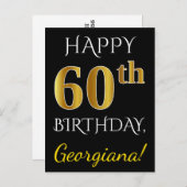 Zwart, Faux Gold 60th Birthday + Aangepaste naam Briefkaart (Voorkant / Achterkant)