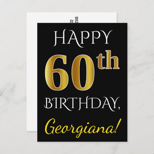 Zwart, Faux Gold 60th Birthday + Aangepaste naam Briefkaart (Voorkant / Achterkant)