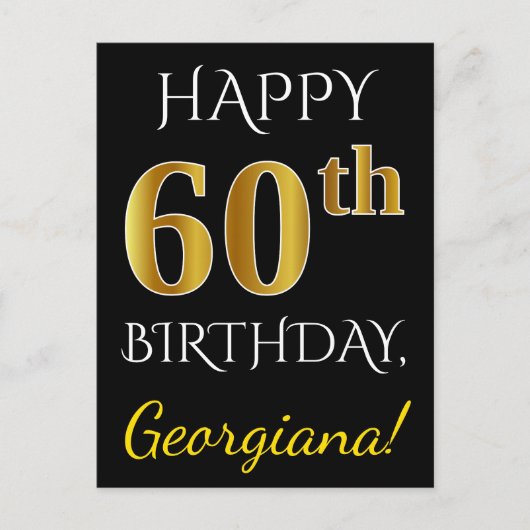Zwart, Faux Gold 60th Birthday + Aangepaste naam Briefkaart (Voorkant)