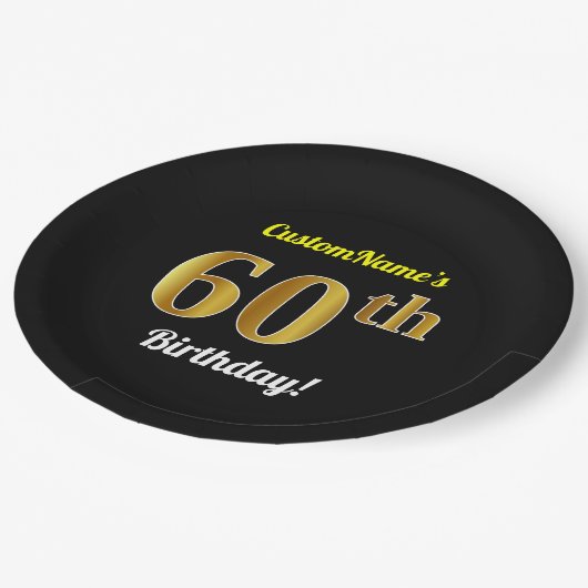 Zwart, Faux Gold 60th Birthday + Aangepaste naam Papieren Bordje (Gekanteld)