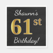 Zwart, Faux Gold 61st verjaardag + Aangepaste naam Servet (Voorkant)