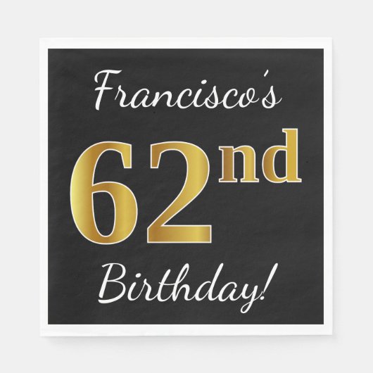 Zwart, Faux Gold 62e verjaardag + Aangepaste naam Servet (Voorkant)