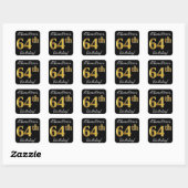 Zwart, Faux Gold 64th Birthday + Aangepaste naam Vierkante Sticker (Vel)