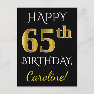 Zwart, Faux Gold 65th Birthday + Eigen naam Briefkaart