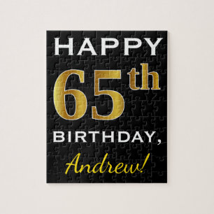 Zwart, Faux Gold 65th Birthday + Eigen naam Legpuzzel