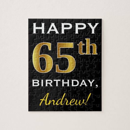 Zwart, Faux Gold 65th Birthday + Eigen naam Legpuzzel (Verticaal)