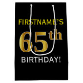 Zwart, Faux Gold 65th Birthday + Eigen naam Medium Cadeauzakje (Achterkant)
