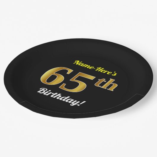 Zwart, Faux Gold 65th Birthday + Eigen naam Papieren Bordje (Gekanteld)