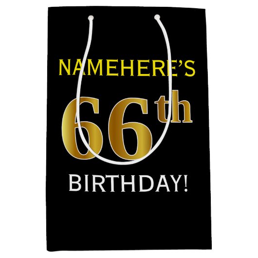 Zwart, Faux Gold 66th Birthday + Aangepaste naam Medium Cadeauzakje (Voorkant)