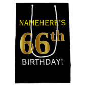Zwart, Faux Gold 66th Birthday + Aangepaste naam Medium Cadeauzakje (Achterkant)