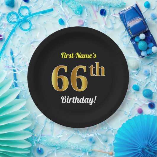 Zwart, Faux Gold 66th Birthday + Aangepaste naam Papieren Bordje (Feest)