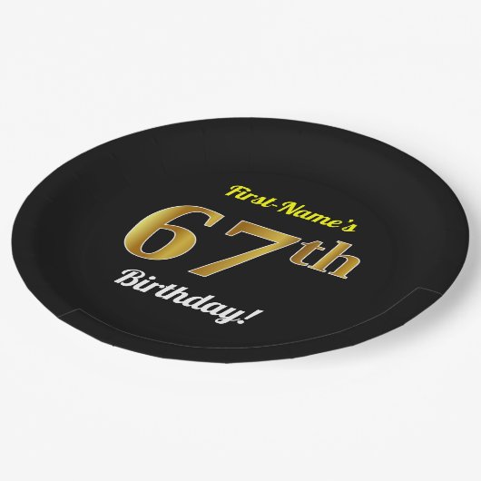 Zwart, Faux Gold 67th Birthday + Aangepaste naam Papieren Bordje (Gekanteld)