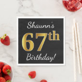 Zwart, Faux Gold 67th Birthday + Aangepaste naam Servet (Insitu)